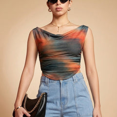 Istyle Can Women Brown Mesh Lined Ruched Asymmetric Sleeveless Crop Top