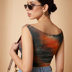 Istyle Can Women Brown Mesh Lined Ruched Asymmetric Sleeveless Crop Top