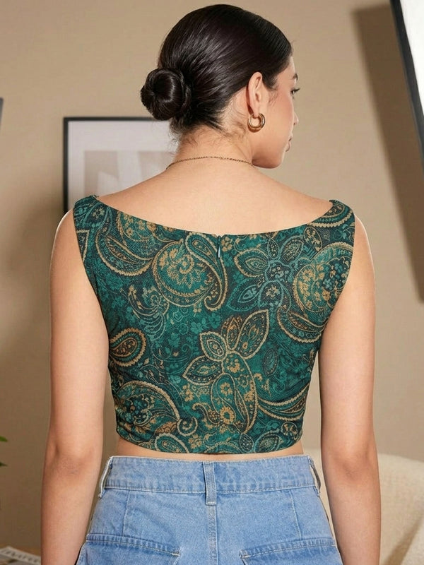 Istyle Can Women Green Mesh Lined Ruched Asymmetric Sleeveless Crop Top