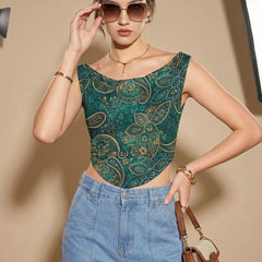 Istyle Can Women Green Mesh Lined Ruched Asymmetric Sleeveless Crop Top