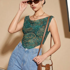 Istyle Can Women Green Mesh Lined Ruched Asymmetric Sleeveless Crop Top