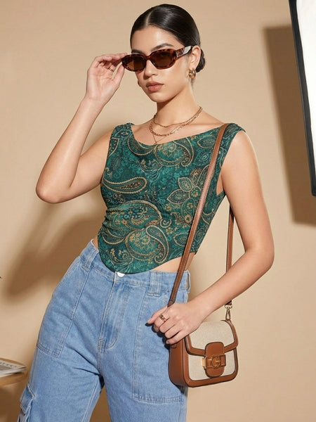 Istyle Can Women Green Mesh Lined Ruched Asymmetric Sleeveless Crop Top