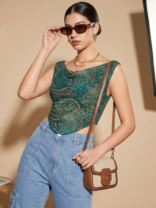 Istyle Can Women Green Mesh Lined Ruched Asymmetric Sleeveless Crop Top