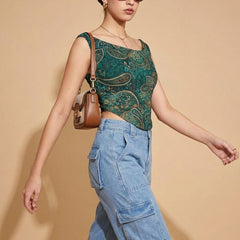 Istyle Can Women Green Mesh Lined Ruched Asymmetric Sleeveless Crop Top