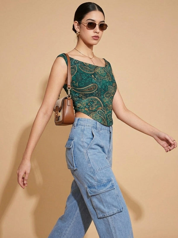 Istyle Can Women Green Mesh Lined Ruched Asymmetric Sleeveless Crop Top