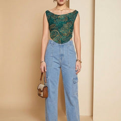 Istyle Can Women Green Mesh Lined Ruched Asymmetric Sleeveless Crop Top