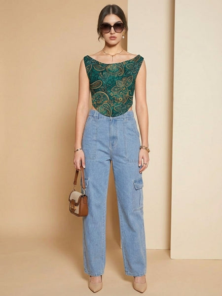 Istyle Can Women Green Mesh Lined Ruched Asymmetric Sleeveless Crop Top