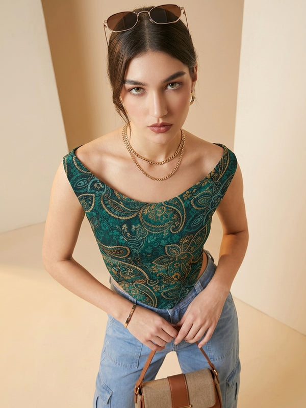 Istyle Can Women Green Mesh Lined Ruched Asymmetric Sleeveless Crop Top