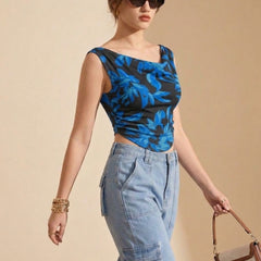 Istyle Can Women Navy Blue Mesh Lined Ruched Asymmetric Sleeveless Crop Top