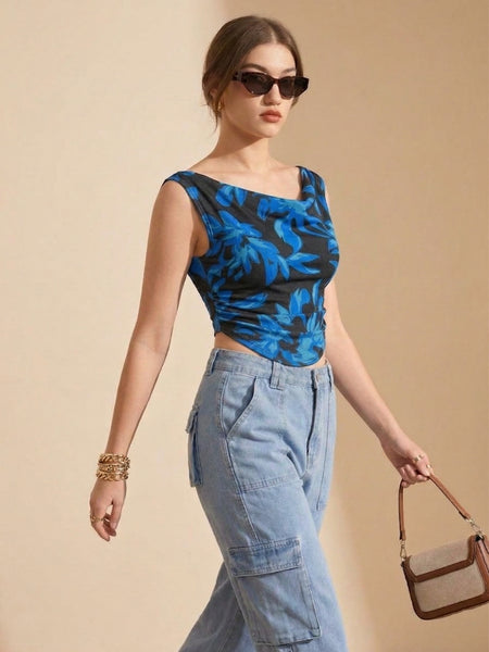 Istyle Can Women Navy Blue Mesh Lined Ruched Asymmetric Sleeveless Crop Top