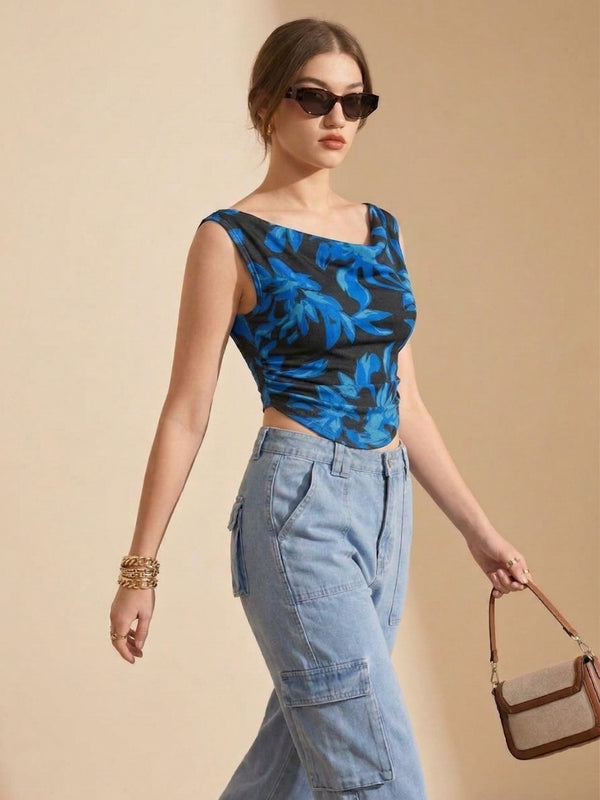 Istyle Can Women Navy Blue Mesh Lined Ruched Asymmetric Sleeveless Crop Top