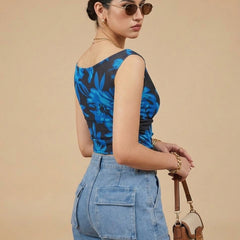 Istyle Can Women Navy Blue Mesh Lined Ruched Asymmetric Sleeveless Crop Top