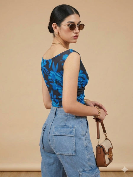 Istyle Can Women Navy Blue Mesh Lined Ruched Asymmetric Sleeveless Crop Top