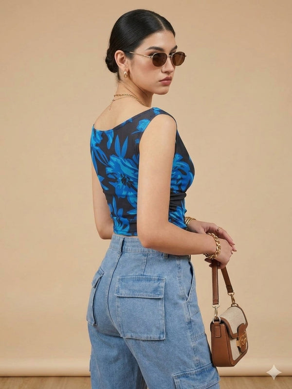 Istyle Can Women Navy Blue Mesh Lined Ruched Asymmetric Sleeveless Crop Top