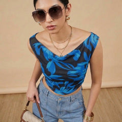 Istyle Can Women Navy Blue Mesh Lined Ruched Asymmetric Sleeveless Crop Top