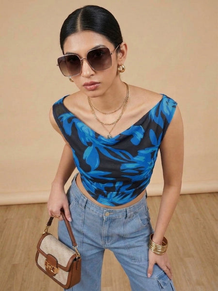 Istyle Can Women Navy Blue Mesh Lined Ruched Asymmetric Sleeveless Crop Top