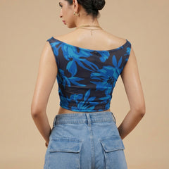 Istyle Can Women Navy Blue Mesh Lined Ruched Asymmetric Sleeveless Crop Top