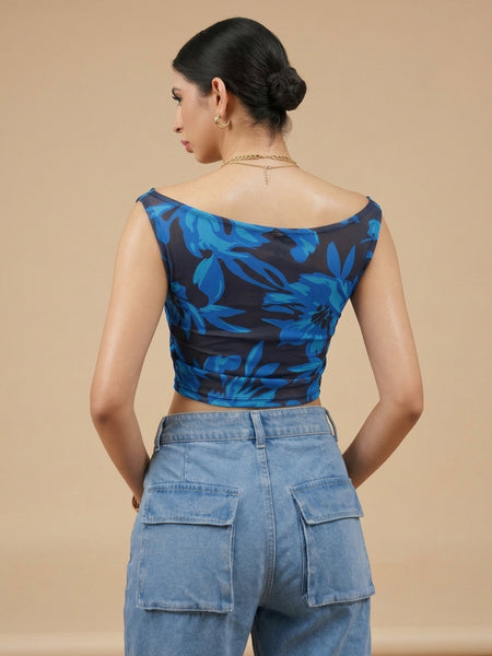 Istyle Can Women Navy Blue Mesh Lined Ruched Asymmetric Sleeveless Crop Top