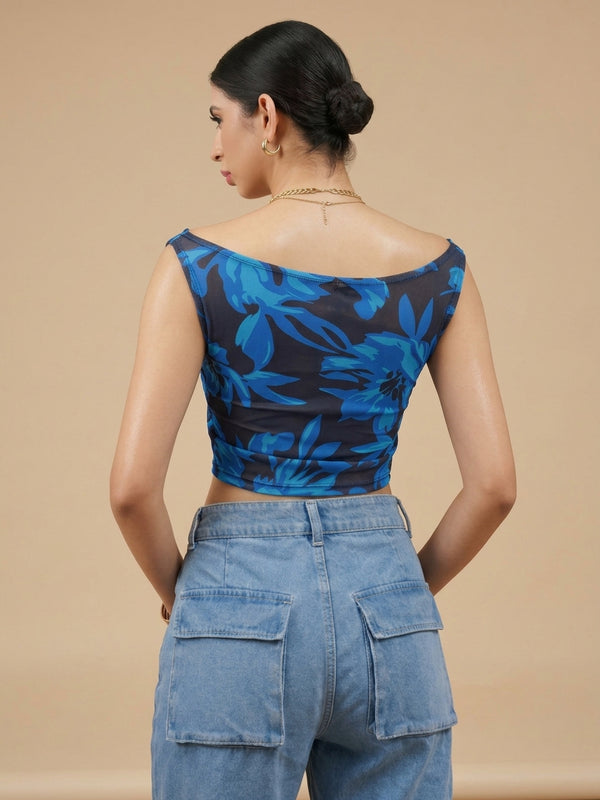 Istyle Can Women Navy Blue Mesh Lined Ruched Asymmetric Sleeveless Crop Top