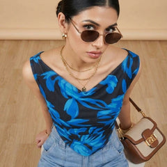 Istyle Can Women Navy Blue Mesh Lined Ruched Asymmetric Sleeveless Crop Top