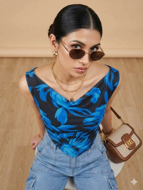 Istyle Can Women Navy Blue Mesh Lined Ruched Asymmetric Sleeveless Crop Top