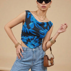 Istyle Can Women Navy Blue Mesh Lined Ruched Asymmetric Sleeveless Crop Top