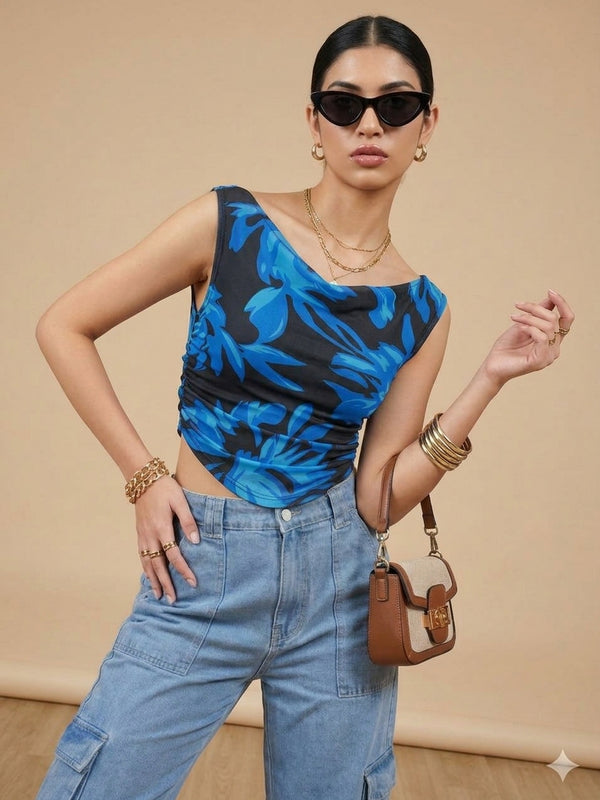 Istyle Can Women Navy Blue Mesh Lined Ruched Asymmetric Sleeveless Crop Top