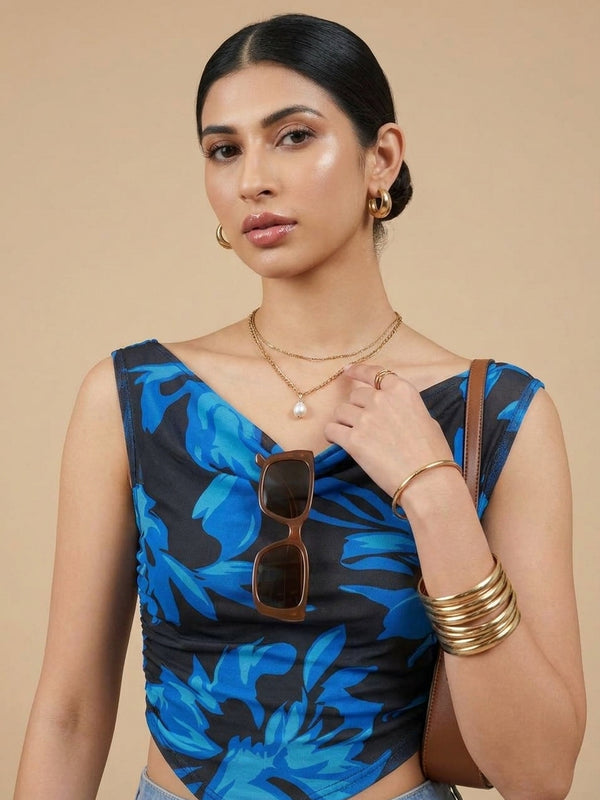 Istyle Can Women Navy Blue Mesh Lined Ruched Asymmetric Sleeveless Crop Top