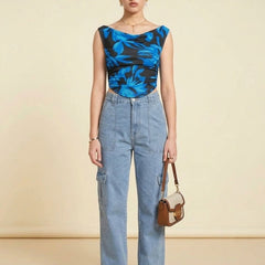 Istyle Can Women Navy Blue Mesh Lined Ruched Asymmetric Sleeveless Crop Top