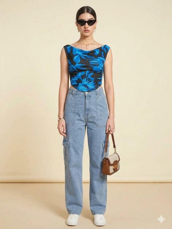 Istyle Can Women Navy Blue Mesh Lined Ruched Asymmetric Sleeveless Crop Top