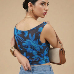 Istyle Can Women Navy Blue Mesh Lined Ruched Asymmetric Sleeveless Crop Top