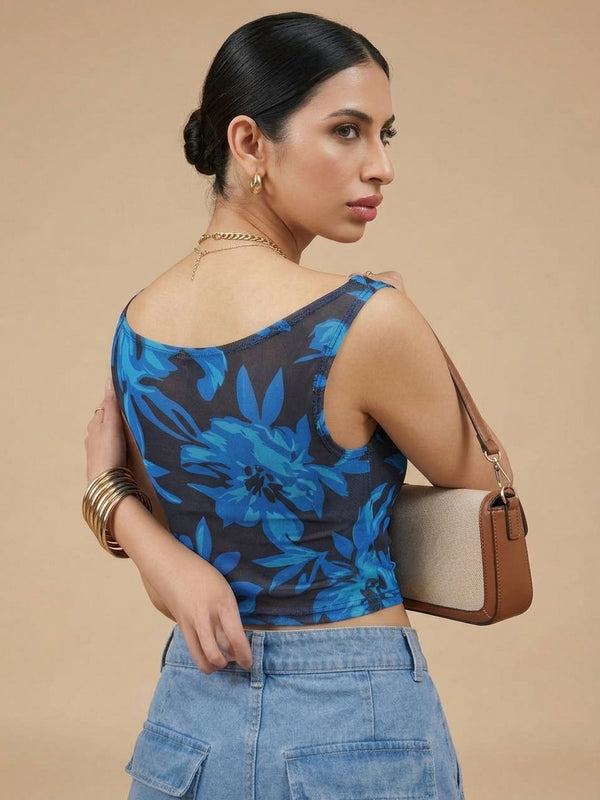 Istyle Can Women Navy Blue Mesh Lined Ruched Asymmetric Sleeveless Crop Top