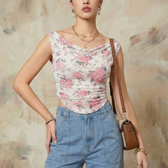 Istyle Can Women White Mesh Lined Ruched Asymmetric Sleeveless Crop Top