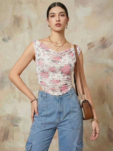 Istyle Can Women White Mesh Lined Ruched Asymmetric Sleeveless Crop Top