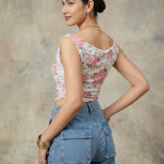 Istyle Can Women White Mesh Lined Ruched Asymmetric Sleeveless Crop Top