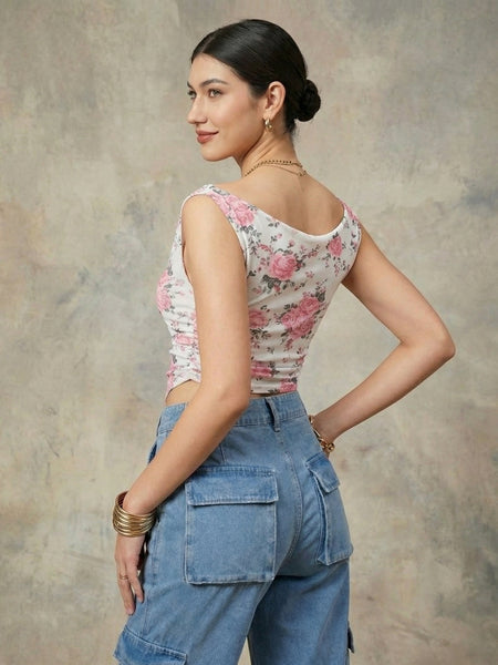 Istyle Can Women White Mesh Lined Ruched Asymmetric Sleeveless Crop Top