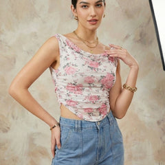 Istyle Can Women White Mesh Lined Ruched Asymmetric Sleeveless Crop Top