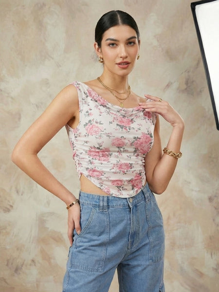 Istyle Can Women White Mesh Lined Ruched Asymmetric Sleeveless Crop Top