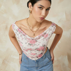 Istyle Can Women White Mesh Lined Ruched Asymmetric Sleeveless Crop Top