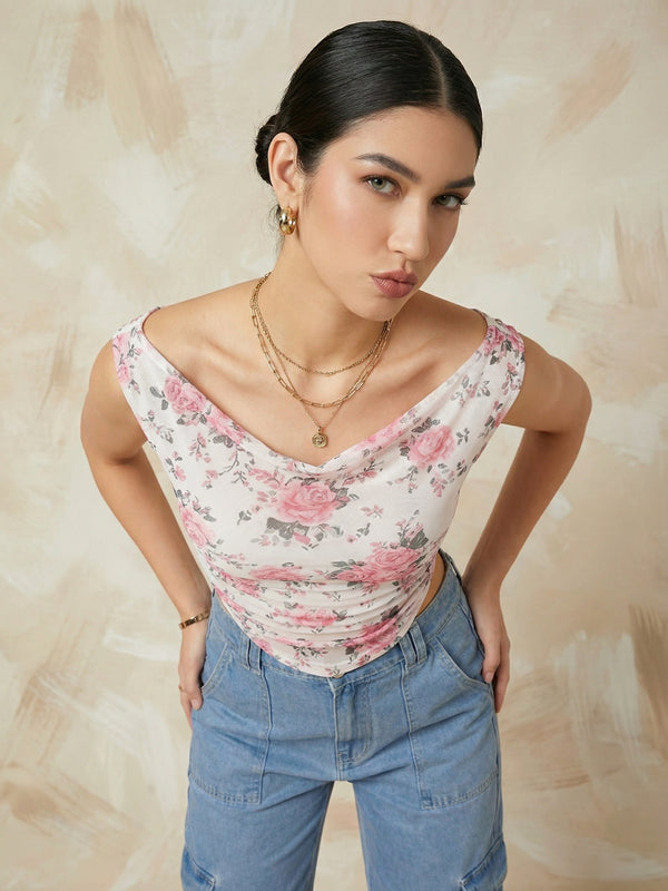 Istyle Can Women White Mesh Lined Ruched Asymmetric Sleeveless Crop Top