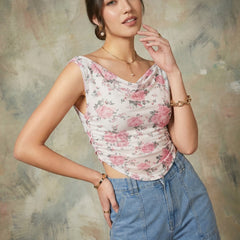 Istyle Can Women White Mesh Lined Ruched Asymmetric Sleeveless Crop Top