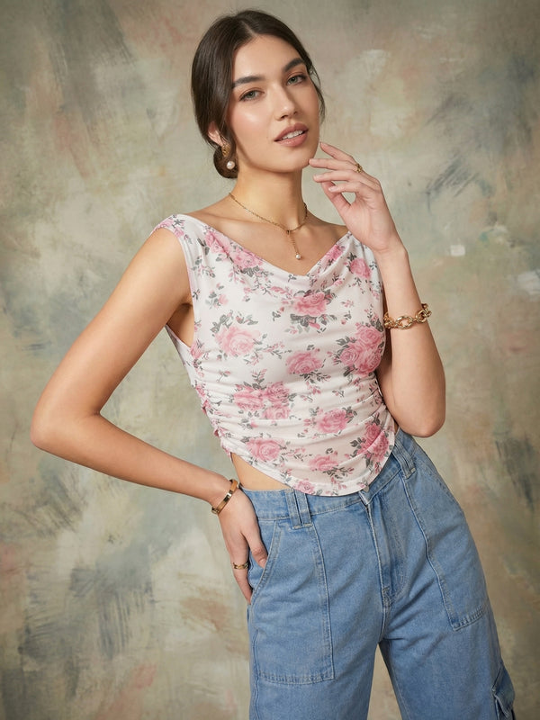 Istyle Can Women White Mesh Lined Ruched Asymmetric Sleeveless Crop Top