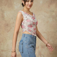 Istyle Can Women White Mesh Lined Ruched Asymmetric Sleeveless Crop Top