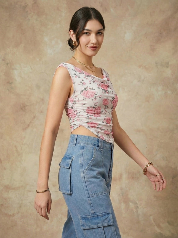 Istyle Can Women White Mesh Lined Ruched Asymmetric Sleeveless Crop Top