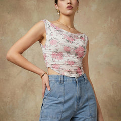 Istyle Can Women White Mesh Lined Ruched Asymmetric Sleeveless Crop Top