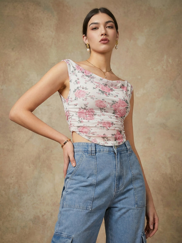 Istyle Can Women White Mesh Lined Ruched Asymmetric Sleeveless Crop Top