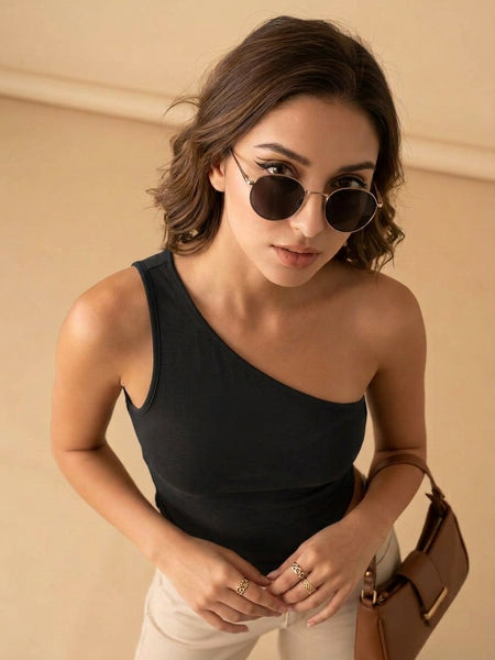 Istyle Can Women One Shoulder Asymmetrical Crop Top - Black | Pointed Hem Sleeveless