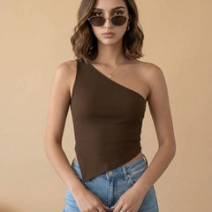 Istyle Can Women One Shoulder Crop Top Brown - FRONT