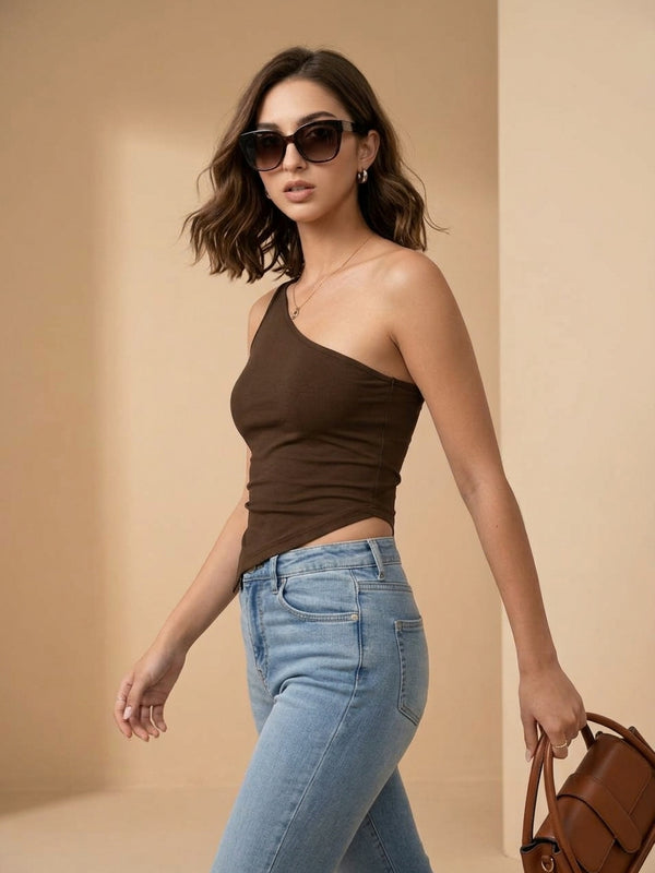 Istyle Can Women One Shoulder Asymmetrical Crop Top - Brown | Pointed Hem Sleeveless