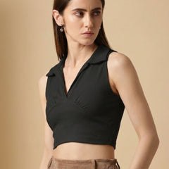 Black ribbed v-neck collar sleeveless crop top